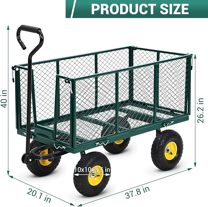 Steel Garden Cart 1100 LBS with 10" Tires, Heavy Duty Garden Wagon Cart with 180° Rotating Handle and Removable Sides, Metal Wagon for Farm, Yard, Lawn, Green