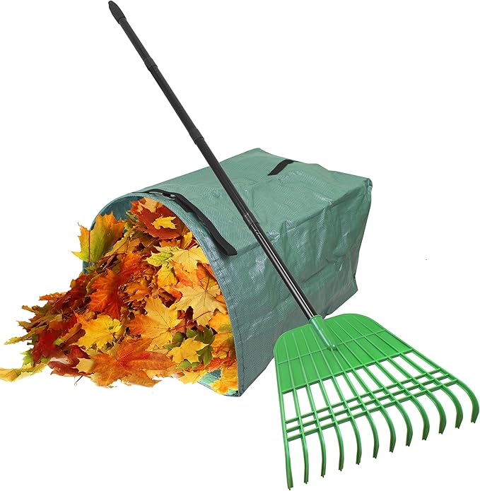 Gardzen 67 Inch Long Handle Rake for Leaves and Lawns, 12 Tines Plastic Head Leaf Rake for Artificial Grass, Pine Needles with Yard Waste Bag and Gloves