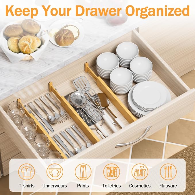 Bamboo Drawer Dividers Organizers, 2.56" High, 17"-21.8" Adjustable, 4 Pack
