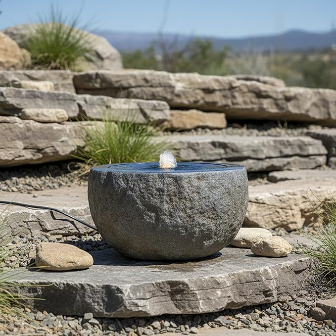 Sunnydaze Outdoor Water Fountain with LED Light - Polystone Round Bowl Bubbler Water Feature with Pump - 9.5" H - for Patio, Garden, Deck, Relaxation and Stress Relief - Gray