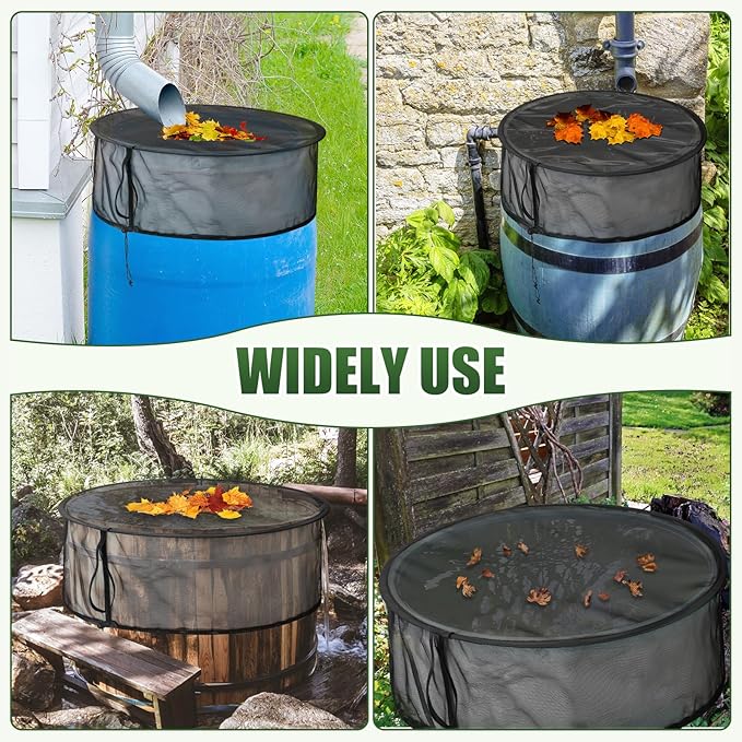 3PCS Pop Up Mesh Cover for Rain Barrels, Water Rain Barrel Netting with Drawstring Water Collection Buckets Tank Protector Cover Net for Preventing Fallen Leaves and Debris, 24.8 Inch