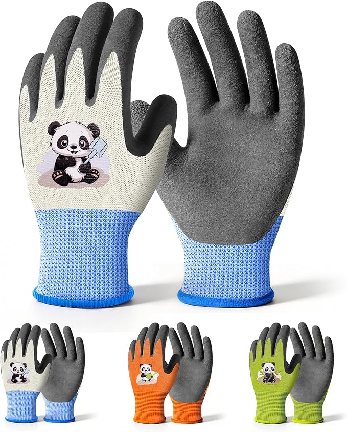 Mr. Panda 3 Pairs Skin-Friendly Big kids gardening gloves for Age 8-10, Rubber Coated childrens garden gloves, toddler work gloves, XS