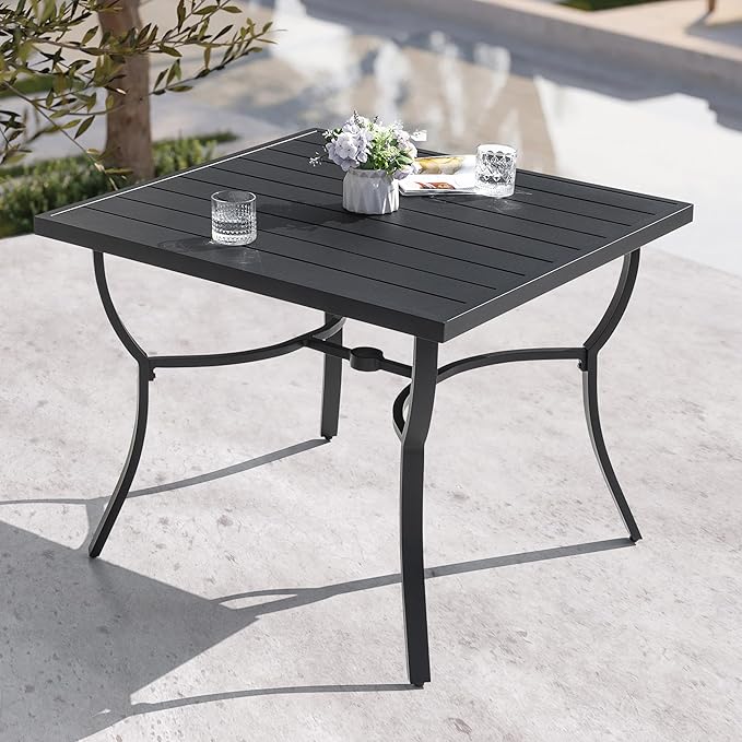NUU GARDEN 36" Aluminum Slat Top Outdoor Patio Dining Table, 4 Person Square Aluminum Bistro Table with 1.97" Umbrella Hole, Powder Coated Frame Dining Tables for Lawn, Garden and Balcony, Black