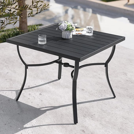 NUU GARDEN 36" Aluminum Slat Top Outdoor Patio Dining Table, 4 Person Square Aluminum Bistro Table with 1.97" Umbrella Hole, Powder Coated Frame Dining Tables for Lawn, Garden and Balcony, Black