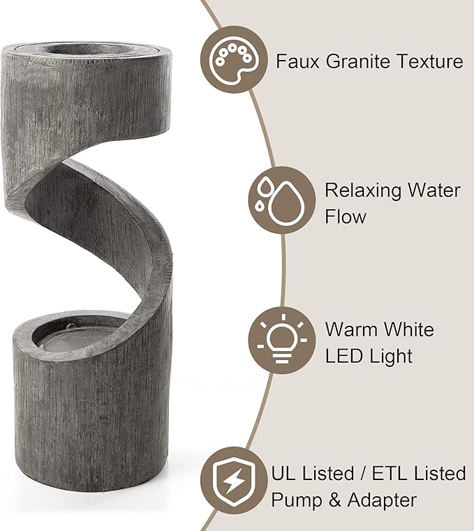 Glitzhome Outdoor Water Fountain, 31.25" H Polyresin Outdoor Fountain Spiral Waterfall Fountain with Pump and LED Lights, Modern Garden Fountain Water Feature for Patio, Backyard, Deck Decor