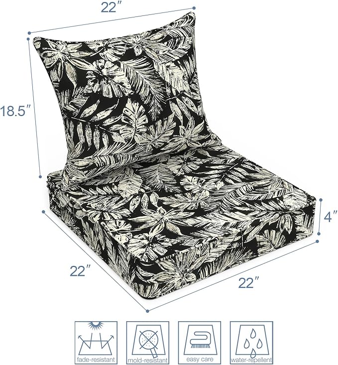 LVTXIII Outdoor Deep Seat Cushion Patio Seat and Back Cushion Set Seasonal Chair Cushion with Removable Cover and Adjustable Buckle for Home and Garden, 22"x22"x4", Tropical Leaf Black
