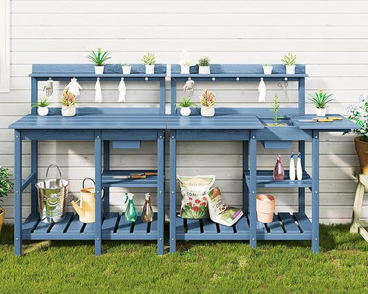 SERWALL Outdoor Potting Bench 2-Piece Set, Rot-Resistant HDPE Potting Table with Removable Sink for Outside Gardening, All-Weather Use - Blue