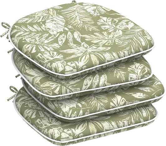 DYTXIII Set of 4 Outdoor Chair Cushions with Ties,Water Repellent Patio Chair Pads 17"x 16" for Outdoor Furniture,Round Corner Seat Cushions for Garden Yard Kitchen Tropical Leaf Green