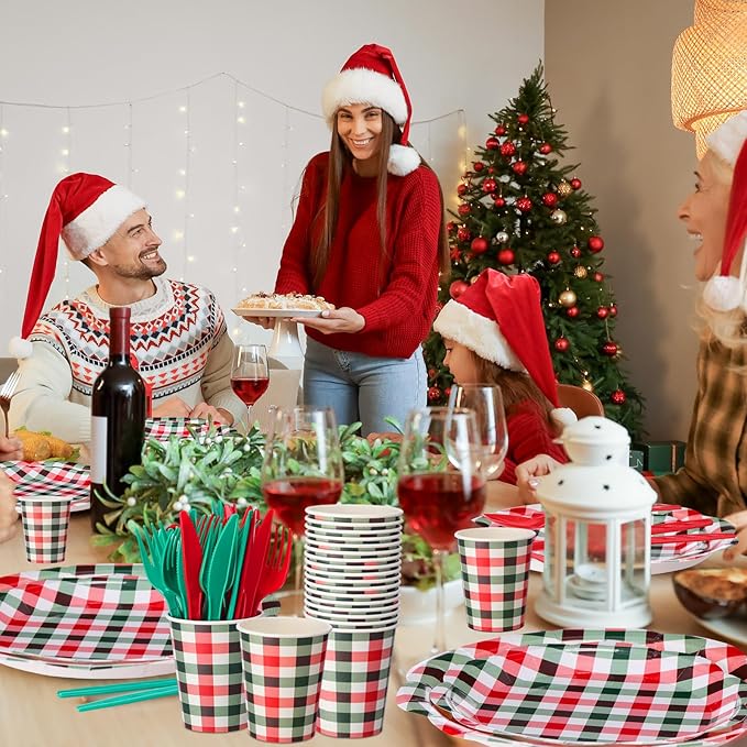 Funnymoom 400 Pcs Christmas Party Supplies for 50 Guests Gingham Paper Plates and Napkins Knives Spoon Fork Cup Disposable Checkered Dinner Party Cutlery for Baby Shower Wedding Favor (Red and Green)
