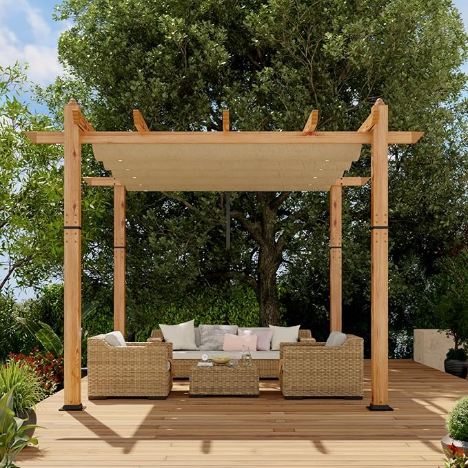 10' X 10' Outdoor Pergola with Retractable Canopy Aluminum Pergola Faux Wood Metal Pergolas Shelter for Backyard, Deck, Patio, Garden Porch Beach Sun Shade Pavilion Grape Trellis Grill, Khaki