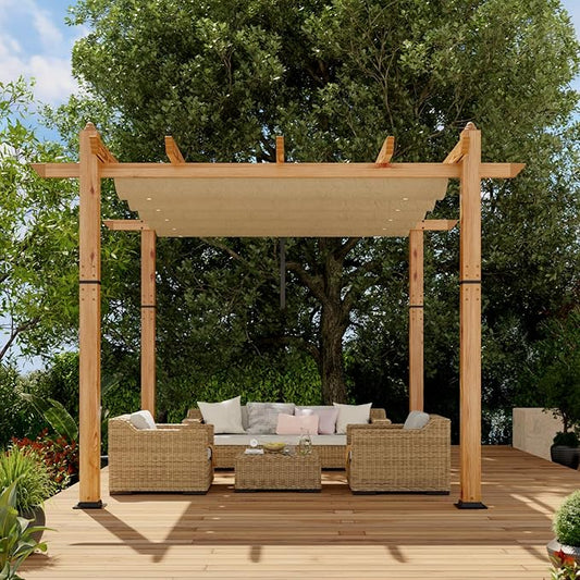 10' X 10' Outdoor Pergola with Retractable Canopy Aluminum Pergola Faux Wood Metal Pergolas Shelter for Backyard, Deck, Patio, Garden Porch Beach Sun Shade Pavilion Grape Trellis Grill, Khaki