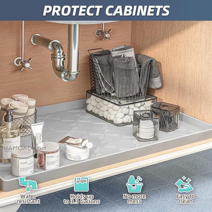 SIKADEER Waterproof Under Sink Mat 31" x 19" Silicone Mat Cabinet Protector | Heavy Duty Kitchen Cabinet Liner, Easy Press Drain, Home Essentials for Pet Feeding, Boots, Bathroom, Organizers & Storage