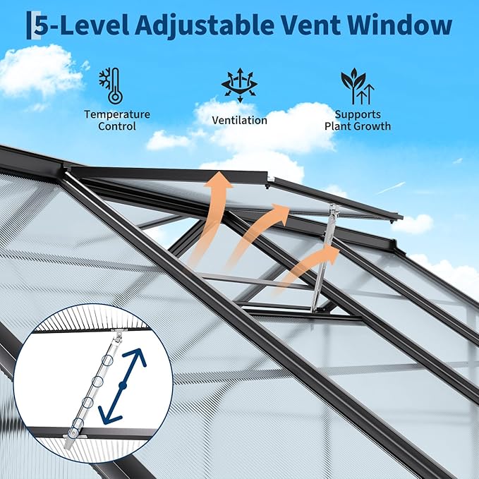 Garvee 6x6 FT Outdoor Greenhouse - Walk-in Aluminum Frame with Lockable Hinged Door, Adjustable Roof Vent, Rain Gutter - Ideal for Backyard, Patio, Lawn, Garden - Hinged Door