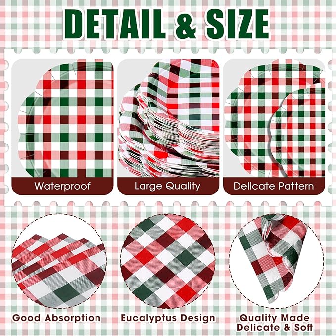Funnymoom 400 Pcs Christmas Party Supplies for 50 Guests Gingham Paper Plates and Napkins Knives Spoon Fork Cup Disposable Checkered Dinner Party Cutlery for Baby Shower Wedding Favor (Red and Green)