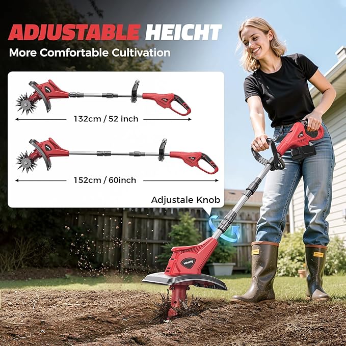 Cordless Tiller Cultivator Compatible with Milwaukee 18V (No Battery), Tiller for Gardening 360RPM Electric Garden Tiller, Brushless Rototiller 9" Width 6.3" Depth for Lawn/Soil Cultivation, Red