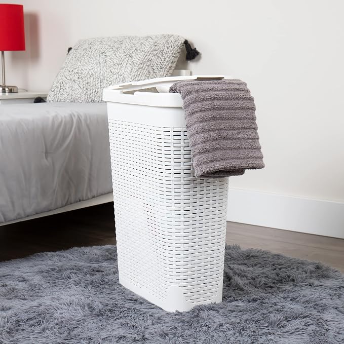 Mind Reader Slim Laundry Hamper with Lid, 40L Clothes Basket, Narrow Tapered Design with Ventilated Cutout Pattern, Plastic, White