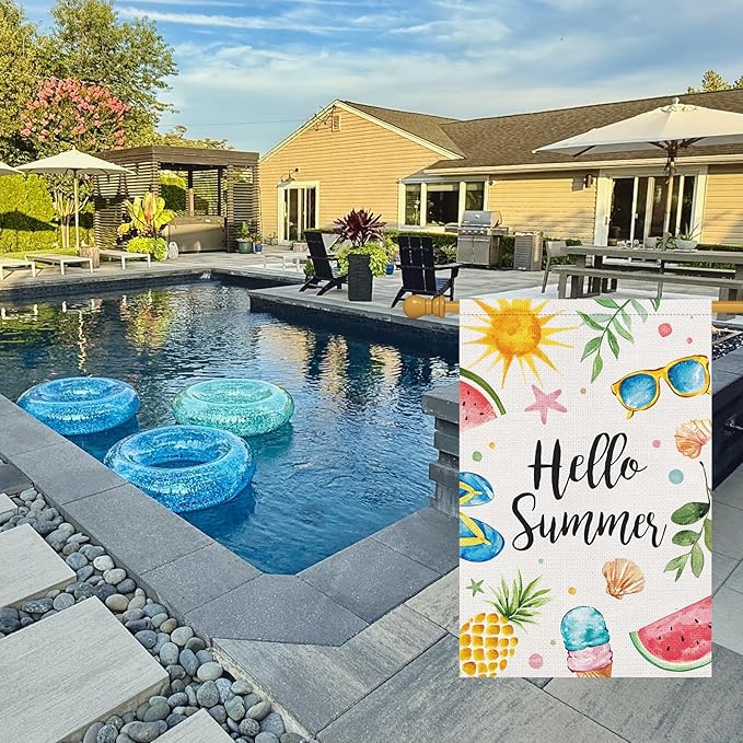 Hello Summer House Flag 28x40 Inch Double Sided for Outside, Burlap Colorful Sun Ice Cream Fruits Beach Sign Yard Outdoor Decoration