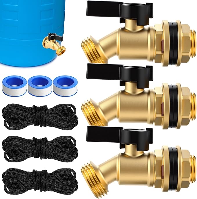 JaGely 3 Sets Brass Rain Barrel Spigot Kit 1/2" Inlet to 3/4" Quarter Turn Ball Valve with Bulkhead Fitting, Brass Bulkhead Faucet Kit with Thread Tape and 9.8ft Traction Rope for Water Tanks, Pools