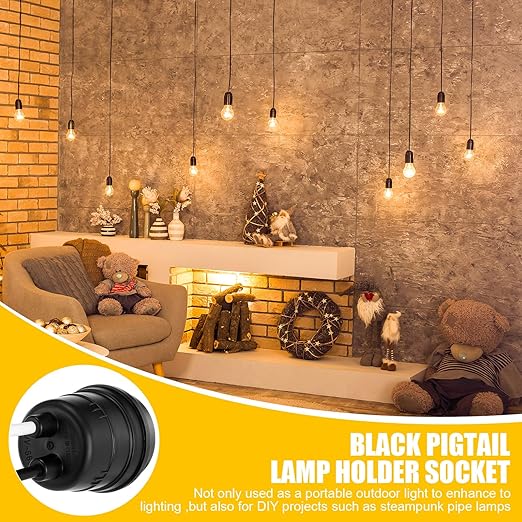 VIHOSE 50 Pcs Black Pigtail Lamp Holder Light Sockets E26/ E27 Fully Sealed Waterproof Lamp Sockets 250v Temporary Light Bulbs Holder with Wire Cord for Outdoor Garden Patio DIY Illumination