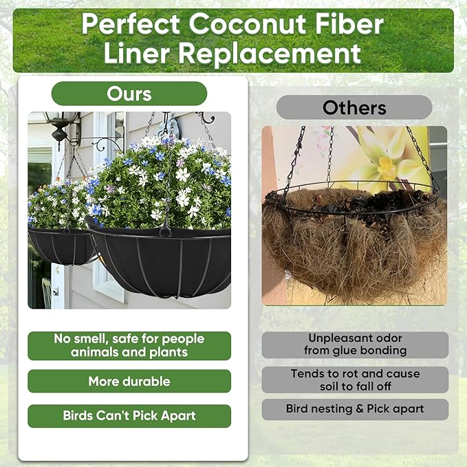 HKZ Hanging Planter Basket Liners - 6 Pack 14 Inch Round Fabric Liners for Hanging Baskets, Replacement Coco Fiber Liner, Durable Non-Woven Liners for Hanging Baskets Planters Flowers, Plants (Black)