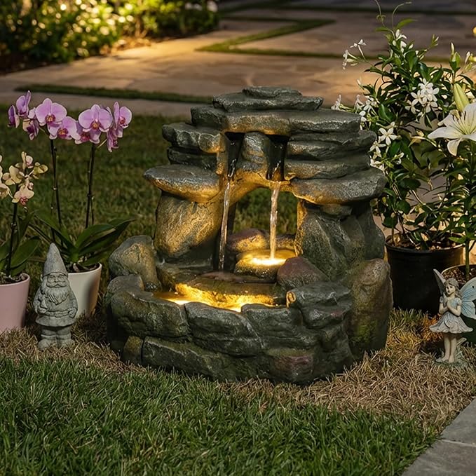 Bumilgar 15.6" H Small Garden Outdoor Rock Water Fountain with LED Lights, 3-Tier Cascading Waterfall Fountain for Patio, Porch, Backyard & Indoor Home Decor