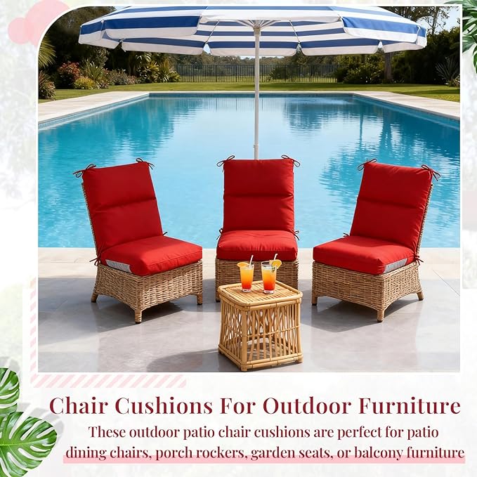 Geelin 4 Pack Outdoor/Indoor High-Back Chair Cushions 44×21 in, Stuffed Tufted Replacement Patio Chair Cushions with Ties Weather Resistant Pads for Patio Furniture (Red)
