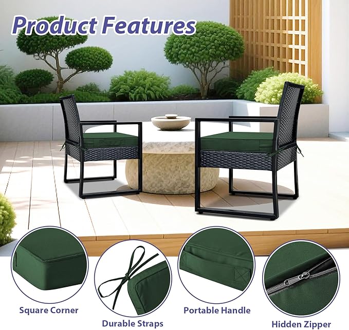 IPYNBAP Outdoor Chair Cushions Set of 4,Waterproof Outdoor Seat Cushions for Patio Furniture,Patio Chair Cushion with Handle and Ties, Square Out Door Chair Pads,19" x 19" x 3", Forest Green