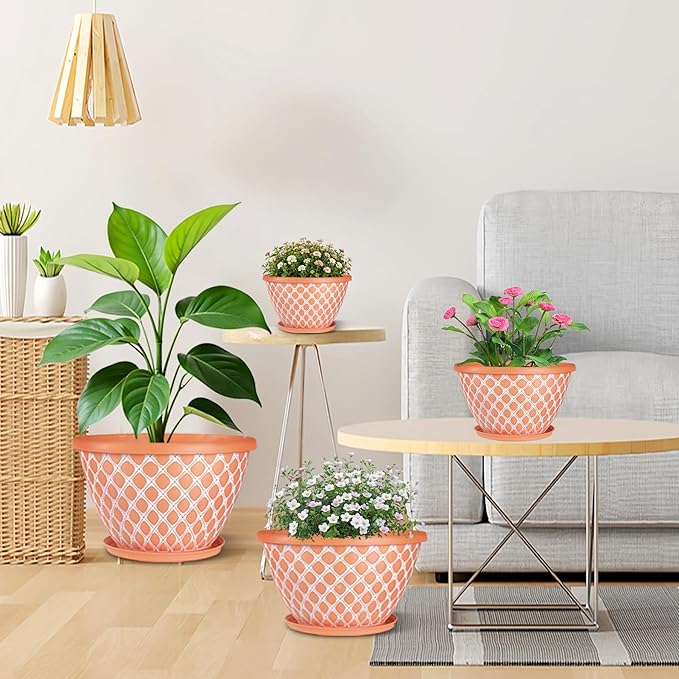 Nooulap 6 Pack 8 Inch Plant Pot, Flower Pots for Indoor Outdoor, Durable Decorative Planters for House Garden Plants Herbs Flowers Succulents, Orange and White Checkered Design