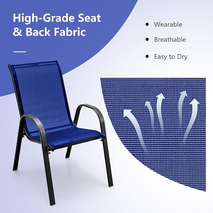 MEDIMALL Patio Chairs, Stackable Patio Chairs Set of 4, Blue Lawn Chairs with Armrest & Breathable Fabric for All Weather, Outdoor Dining Chairs for Yard, Poolside, Balcony, Garden