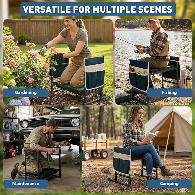 Garden Kneeler and Seat for Seniors – Heavy Duty Anti-Tip Gardening Stool with Widened Thick Soft Kneeling Pad, Foldable Garden Bench with Sturdy Handles, Gardening Gifts for Women Men Mom (Blue)