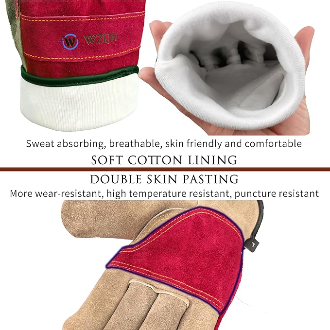 WZQH Leather Work Gloves for Women, Medium Glove for Gardening, Tig/Mig Welding, Construction, Chainsaw, Farm, Ranch, etc. Cowhide, Cotton Lined, Utility, Firm Grip, Durable. Rose Red - Grey M