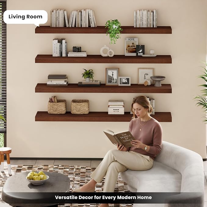 60 Inch Floating Shelves for Wall, Set of 4 | Wood Wall Mounted Shelves with Invisible Brackets, Rustic Farmhouse Long Shelf for Bedroom Living Room Kitchen (Walnut)