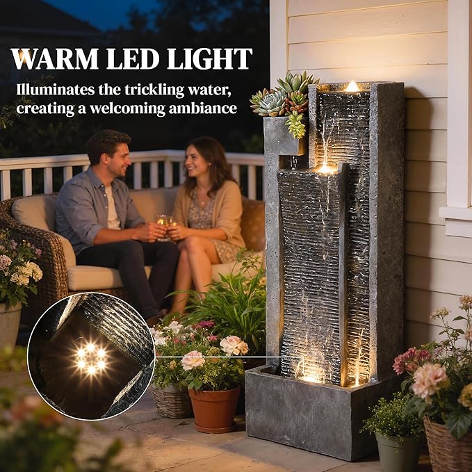 Outsunny 40" Tall Outdoor Waterfall Fountain with LED Lights and Planter, 3-Tier Cascading Waterfall Feature with Pump, Resin Freestanding Garden Fountain for Patio Balcony Garden, Dark Gray