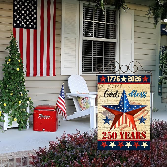 250 Anniversary USA Garden Flags for Outside, 4th of July 250th Years American Patriotic Banner, Blessing United States 12x18 Inch Double-Sided with Retro Star, 1776-2026 Yard Merchandise Decoration