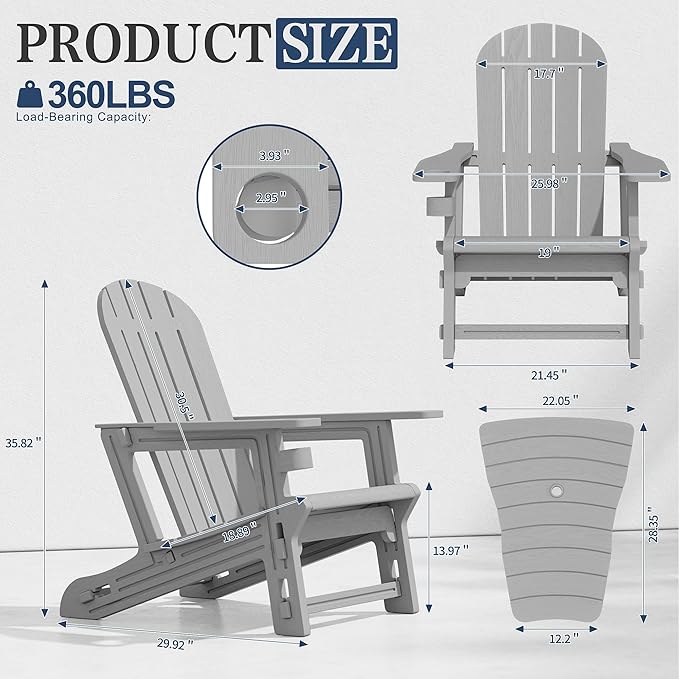 Vongrasig Adirondack Chairs Set of 2 with Removable Tabletop, Outdoor HDPE Plastic Fire Pit Chair Set with Wooden Textured, Cup Holder for Patio, Poolside, Deck, Garden, Light Grey, 3 Pieces