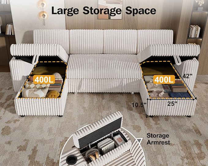 Vipbear 108" Modular Sectional Sleeper Sofa with Pull Out Bed, 4 Seat Plush Corduroy U Shaped Couch with USB Ports|Cup Holders|Side Table|Storage Chaise Armrests, Tool Free Assembly, Beige