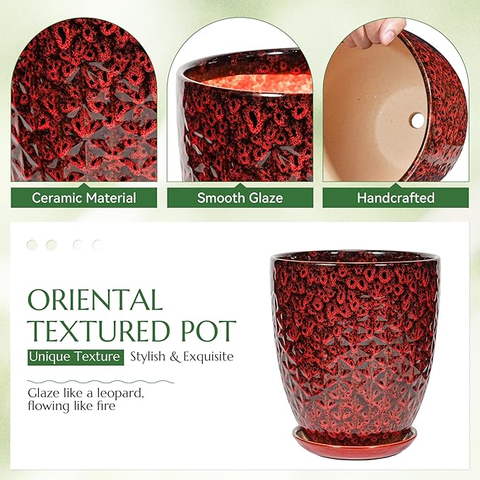 11.8 Inch Flower pots for Indoor Plants,Ceramic Planter with Saucer Drainage Leak-Proof Mesh Gardening Gloves (Diamond Red)