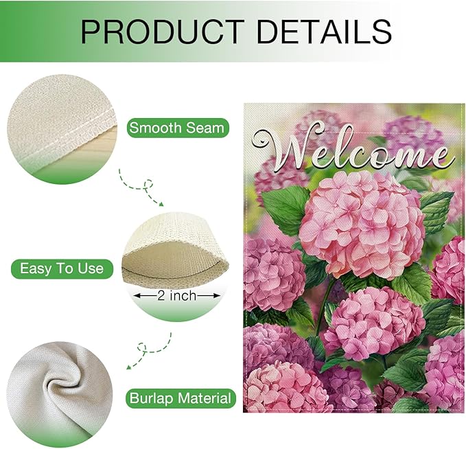 Hzppyz Welcome Spring Summer Hydrangea Garden Flag Double Sided, Pink Floral Flower Decorative Yard Outdoor Home Small Decor, Seasonal Burlap Outside House Decoration 12 x 18