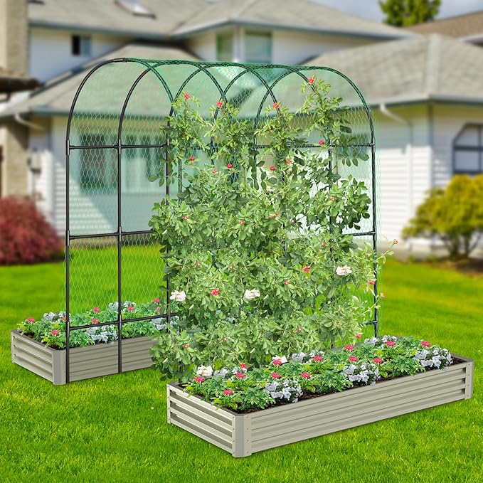 Garden Arch Trellis, Metal Arch Trellis for Climbing Plants Outdoor, Yard, Garden, Climbing Plants w/Decorative Wire Lattice - Black