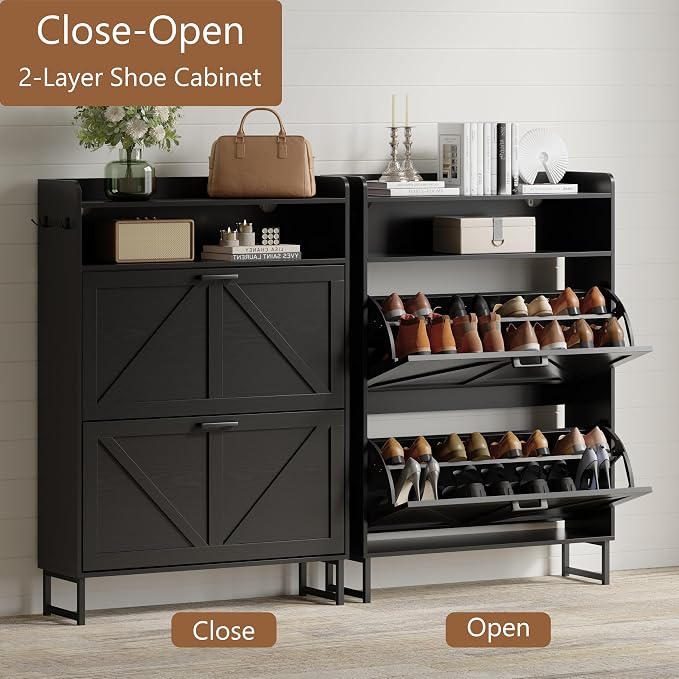 Xixini Shoe Storage Cabinet with 2 Flip Drawers, Entryway Shoe Rack, Black