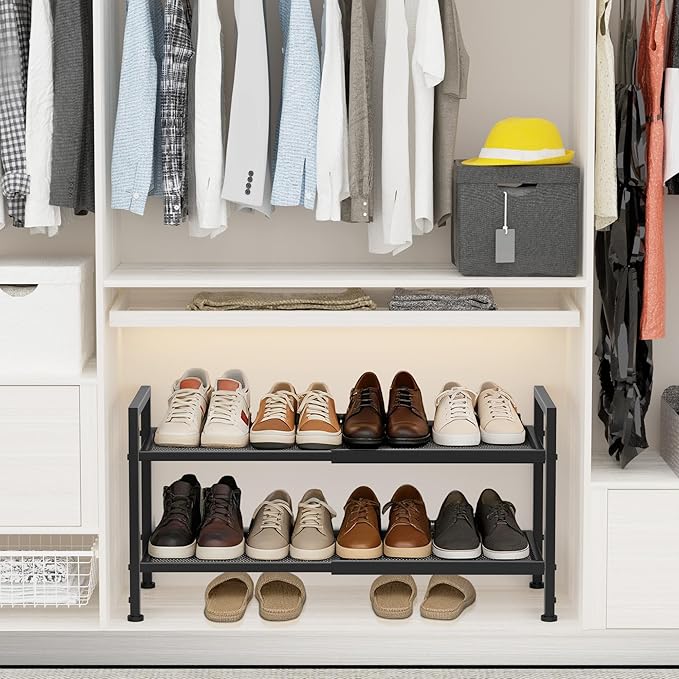 Expandable Shoe Rack for Closet, Entryway, 2-Tier Shoe Storage, Black