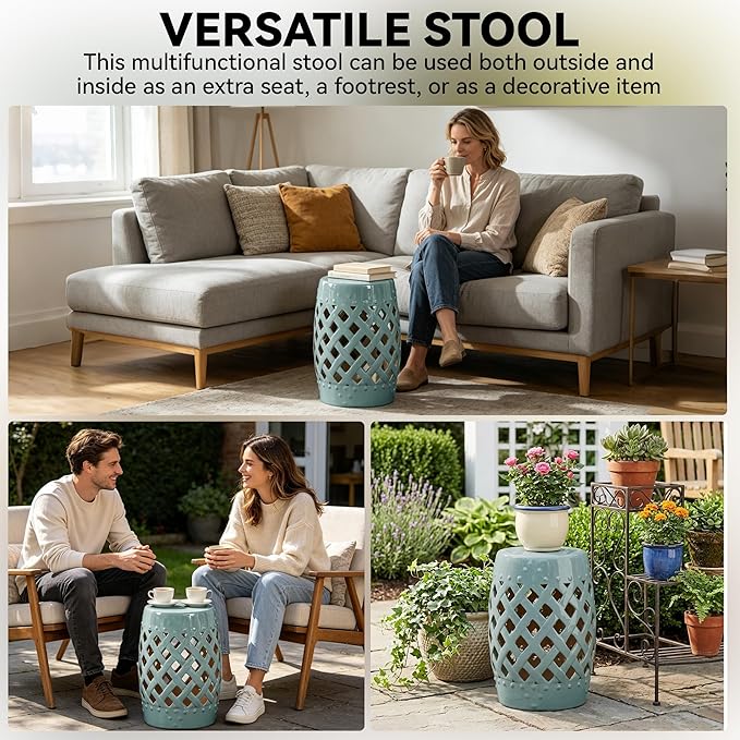 Outsunny 13" x 18" Ceramic Garden Stool with Woven Lattice Design & Glazed Strong Materials Decorative Outdoor Stool, Antique Blue