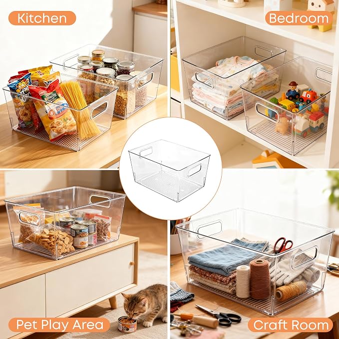 MOONEDGE 8 Pack Clear Plastic Storage Bins 12x8x6in Pantry Organizer