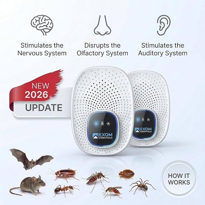 GRX-25 Ultrasonic Pest Control 4-Pack: Indoor Plug-in Mice, Rodent, Squirrel, Insect Repellent & Roach, Ant, Spider,Bats, Bed Bug, Squirrel, Flea and Mouse Trap Alternative for Home