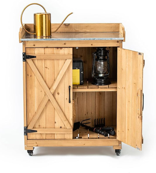 TAKUKA Outdoor Wooden Potting Bench with Wheel Double Doors & Metal Tabletop, Outside Storage Cabinet & Horticultural Planting Work Table for Garden Balcony Backyard