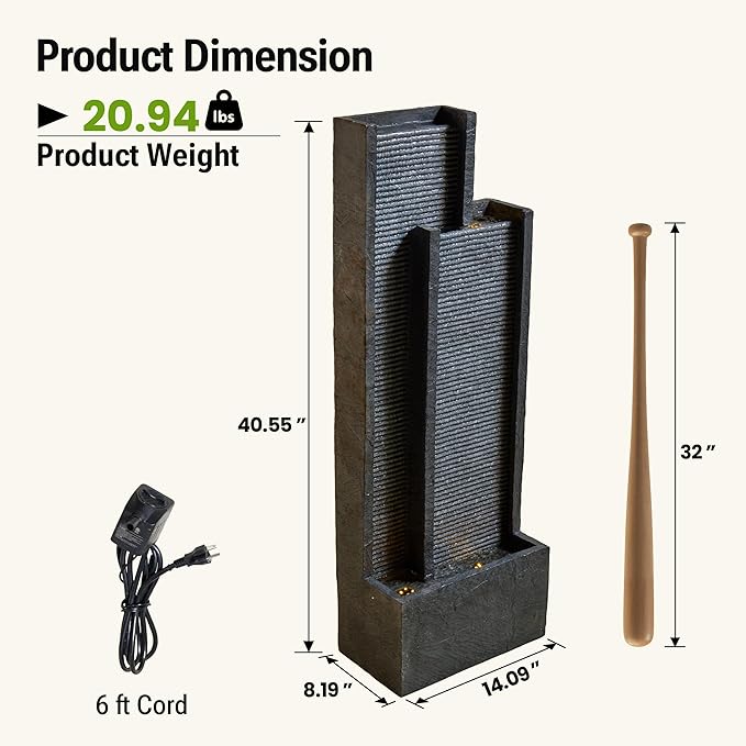 41-Inch Outdoor Water Fountain, Modern Resin Waterfall Fountain with 3 Warm LED Lights, Texture Freestanding Water Feature for Garden, Patio, Yard, Porch, Deck, Lawn, Balcony in Gray, Home Decor