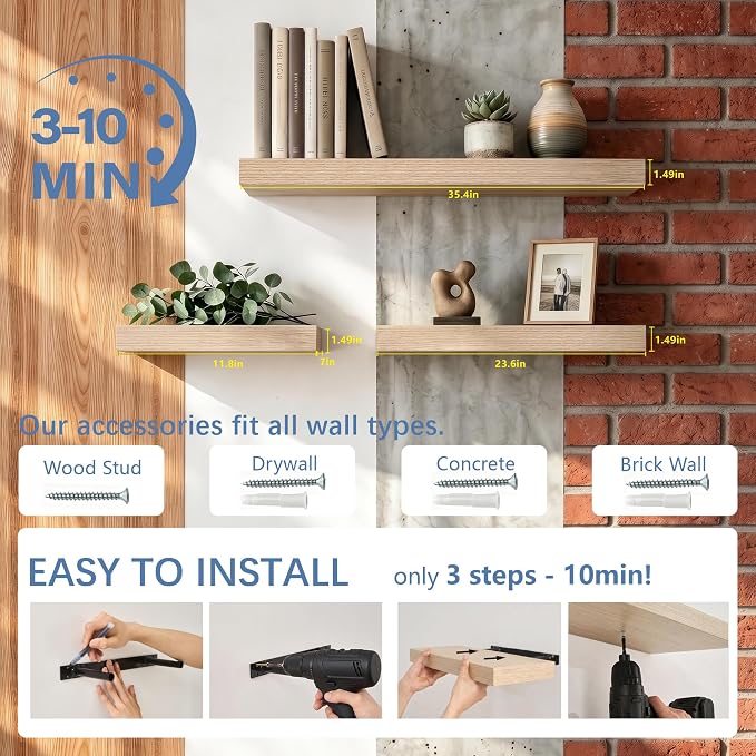 Oak Floating Shelves for Wall, 12 Inch Wooden Wall Shelf Set of 2 | Wood Floating Shelf Over Toilet, Wall Mounted, Easy Install, Easy-Clean, 33lbs Max Load, Bedroom Living Room Display Storage