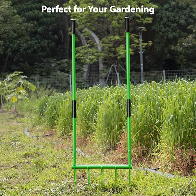 56'' Heavy Duty Broadfork for All the Soils, Unbreakable Pitchfork, 5 Sharp Cambered 11'' Tines Bord Fork Garden Tool, Ergonomic Handles, Good Package, Easy Assembly, Cultivator & Tiller，Green.