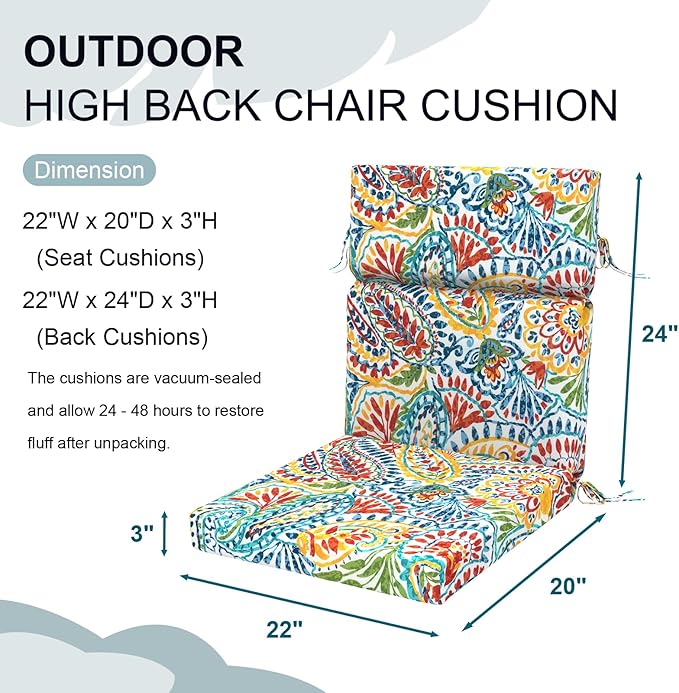 DYTXIII Outdoor High Back Chair Cushions Set of 2, 44"x22" Water Repellent Patio Seat Cushions with Elastic Sponge, All Weather Chair Pads for Rocking, Dining Chairs, Patio Furniture - Paisley Multi