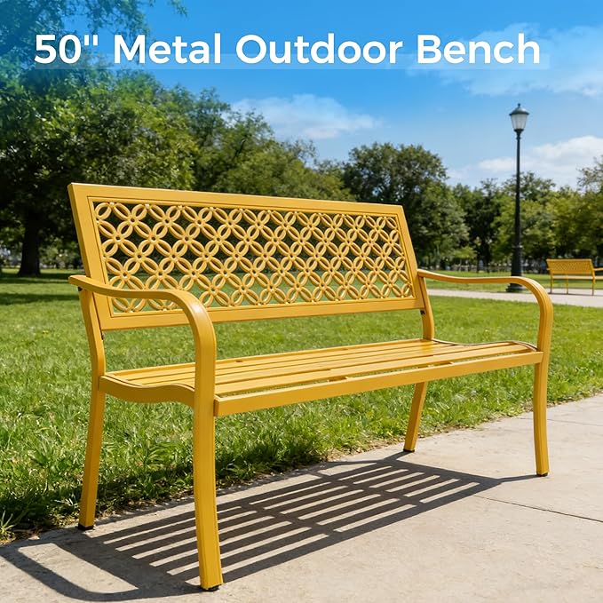 Grand patio 50" Outdoor Bench, Garden Benches with Anti-Rust Metal Powder Coated Frame, Patio Bench for Front Porch Park Outside Furniture Decor, Sunflower Yellow